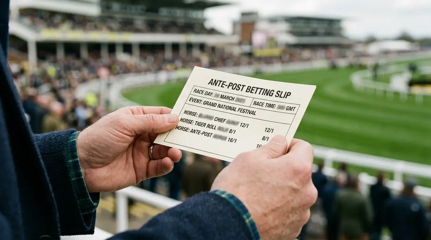Punter reviewing ante-post betting slip for UK horse racing festival