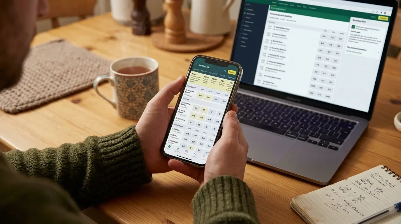 Person comparing bookmaker offers for NRNB and Best Odds Guaranteed on mobile phone