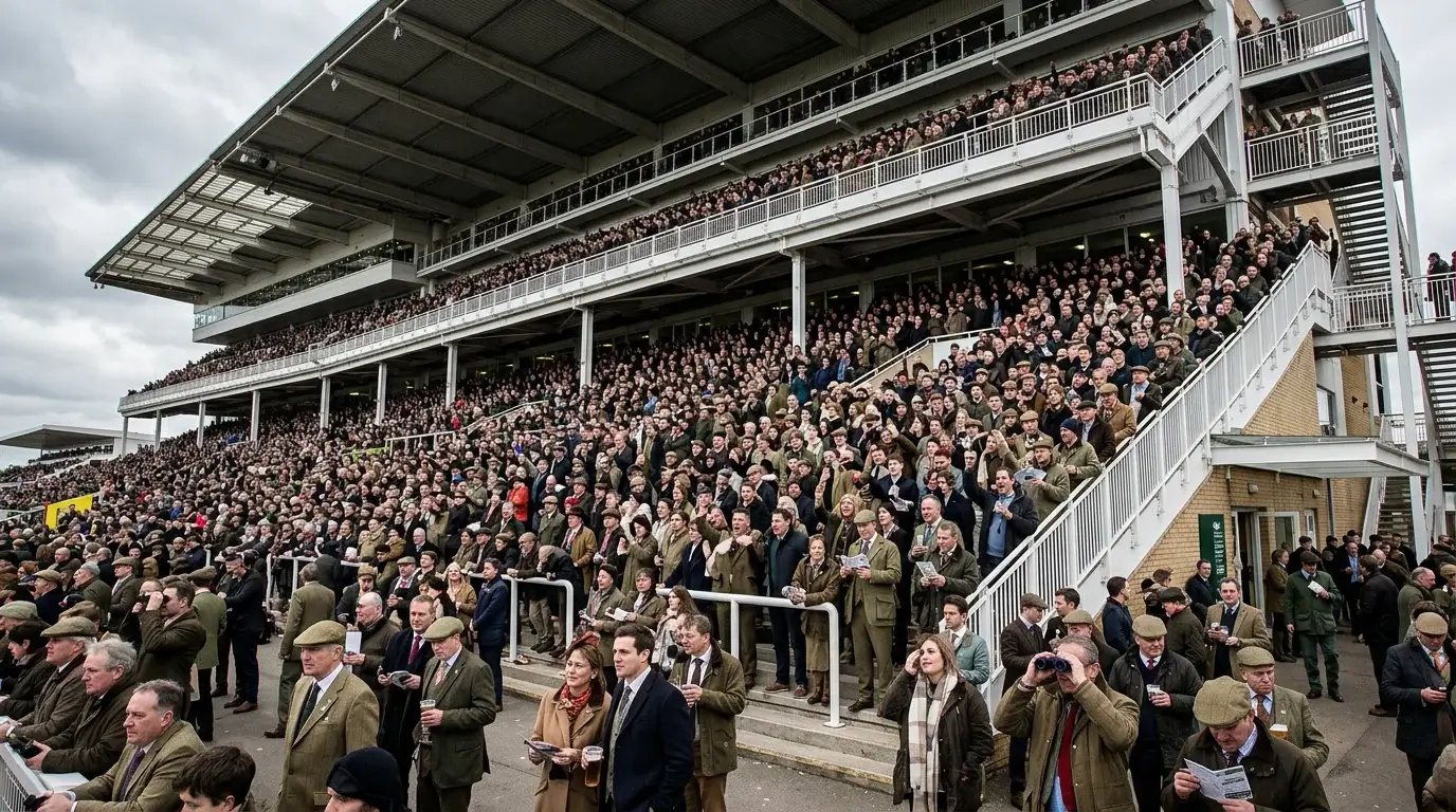 Packed grandstand at Cheltenham Festival during Gold Cup day