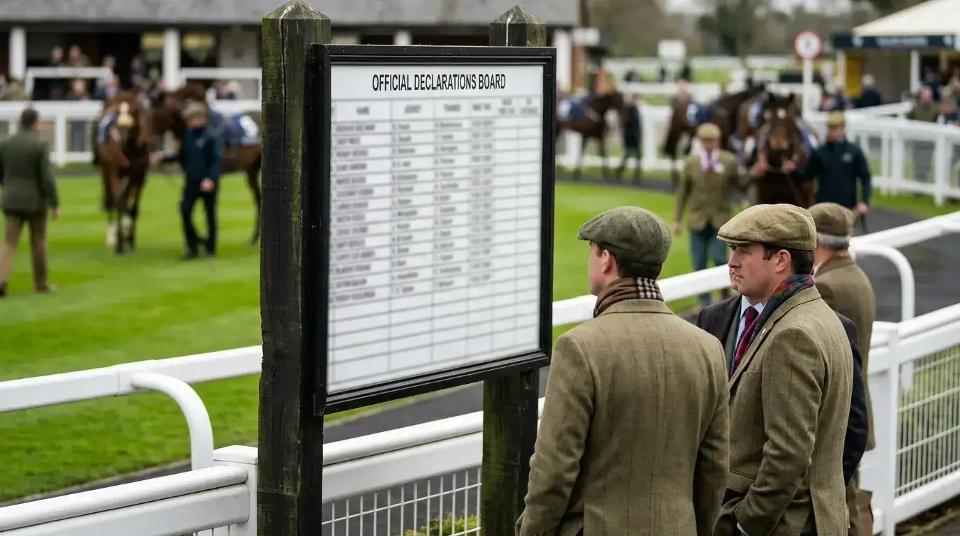 Official declarations board showing runners and riders at British racecourse