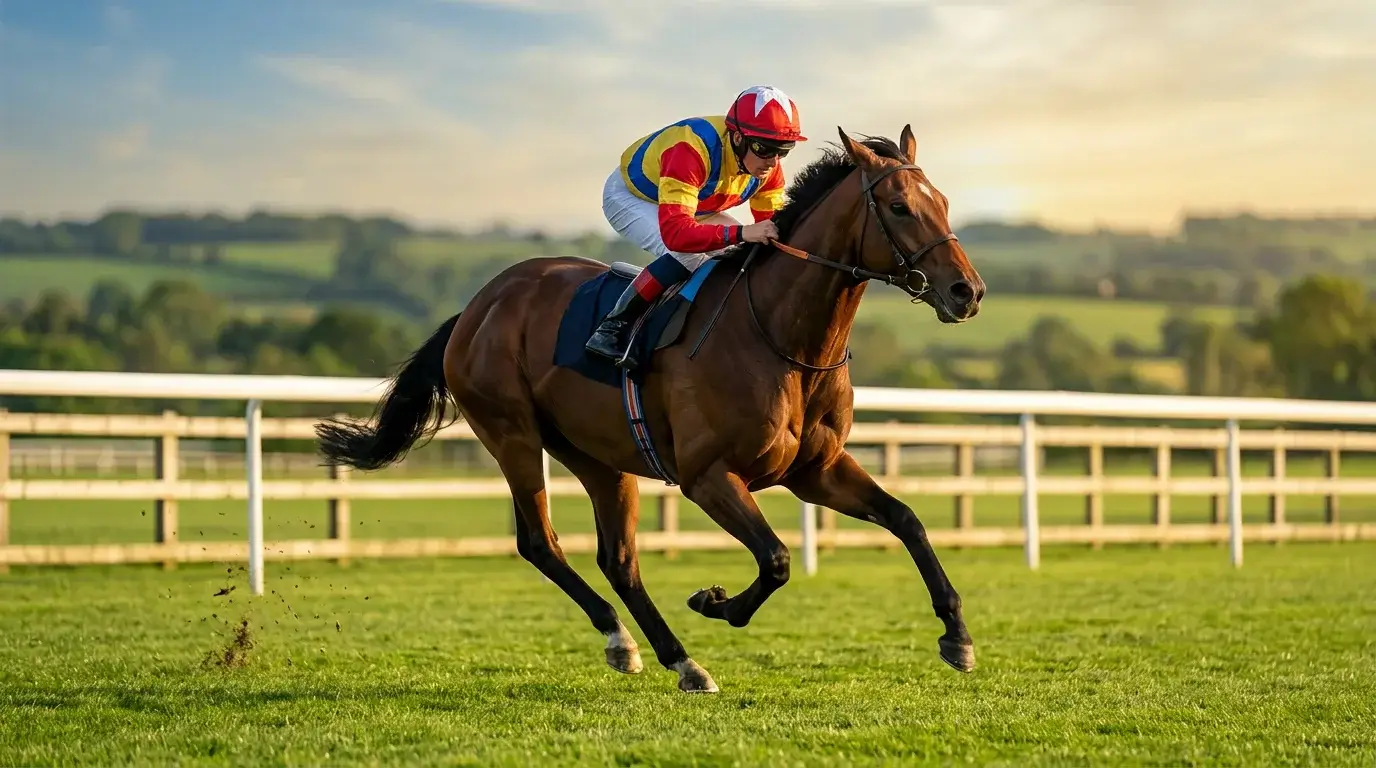 Thoroughbred racehorse galloping on turf track at British racecourse