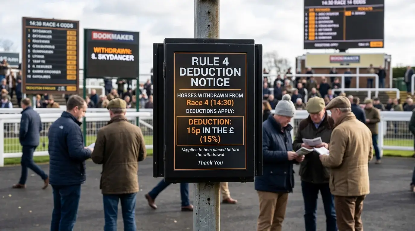 Bookmaker display showing Rule 4 deduction notice after horse withdrawal