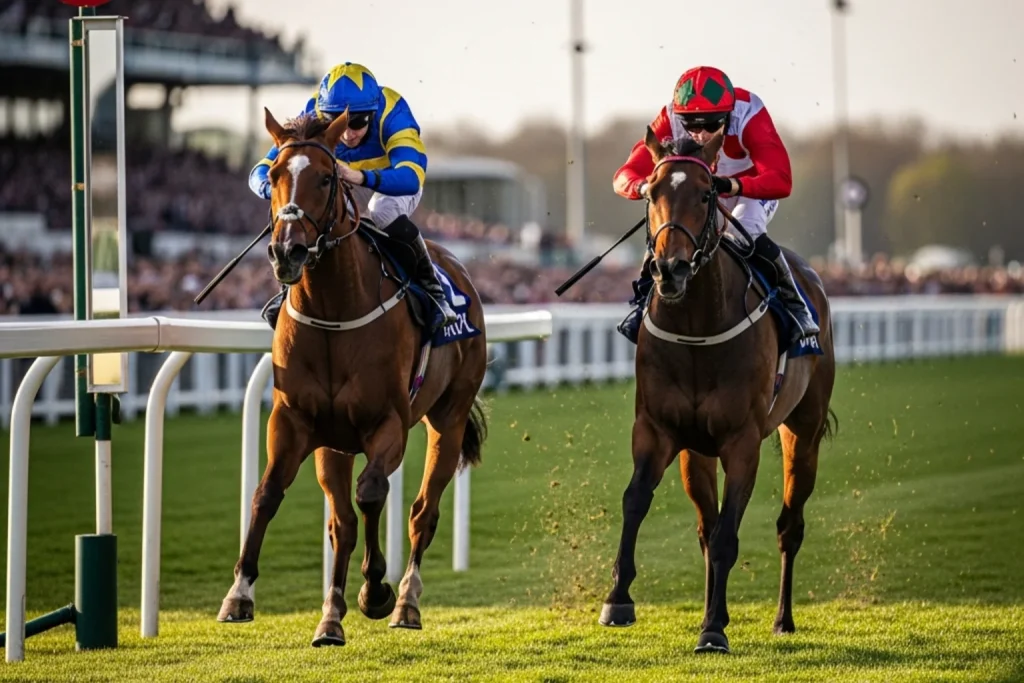Photo finish showing dead heat between two horses crossing the line