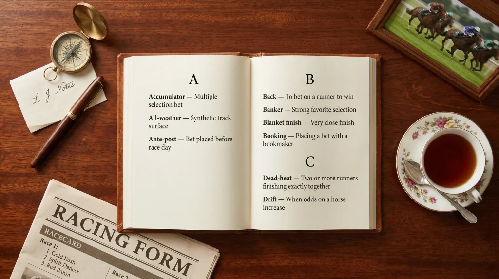 Open betting terminology guide book with horse racing background