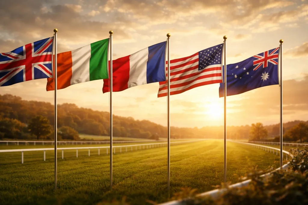 International flags representing UK Ireland France USA Australia horse racing