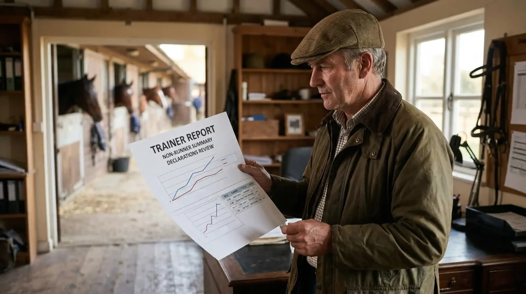Trainer reviewing non-runner statistics on BHA report document